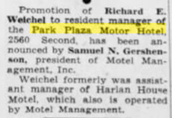 Park Plaza Motor Hotel - Oct 1960 Personnel Announcement